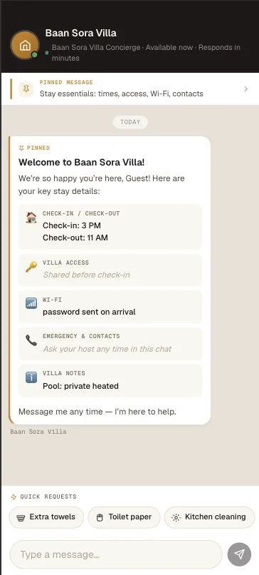 The real Hostella guest app — pinned stay details and chat