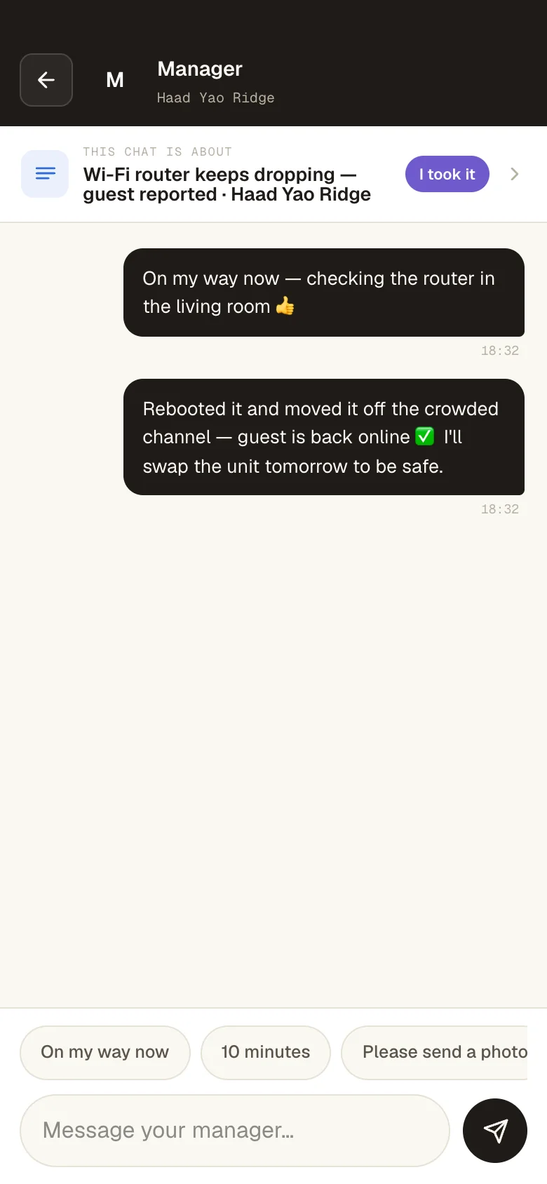 The Hostella worker app — the task created from a guest request